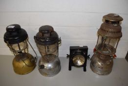 THREE PARAFFIN LAMPS PLUS A FURTHER VINTAGE GPO BATTERY OPERATED LAMP