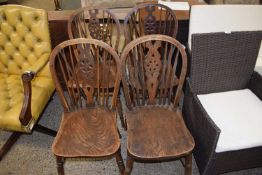 SET OF FOUR ELM SEATED AND WHEEL BACK KITCHEN CHAIRS