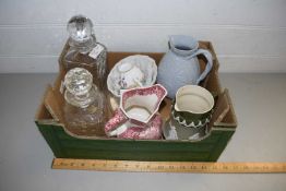 BOX OF DECANTERS, JUGS ETC