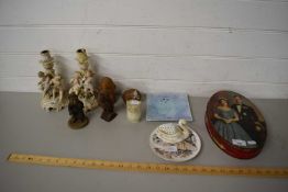 PAIR OF 19TH CENTURY CONTINENTAL CHERUB DECORATED CANDLESTICKS, VARIOUS MODEL OWLS AND OTHER ITEMS