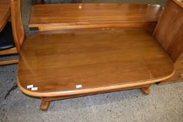 NEW ZEALAND RIMU WOOD COFFEE TABLE WITH SMOKED GLASS COVER AND GLASS LOWER SHELF , 138CM WIDE