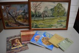 TWO FRAMED NEEDLEWORK PICTURES PLUS VARIOUS EMBROIDERY AND NEEDLECRAFT BOOKS