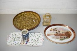 MODERN SLIP-WARE CIRCULAR BOWL TOGETHER WITH OVAL MEAT PLATE, DRESSING TABLE TRAY VASE AND A BRASS