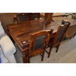 20TH CENTURY HARDWOOD RECTANGULAR DINING TABLE AND FOUR CHAIRS WITH MESHED METAL BACKS