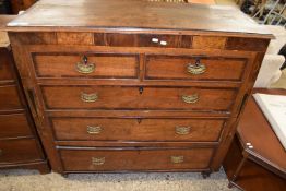 LATE GEORGIAN OAK, MAHOGANY AND WALNUT CROSS BANDED CHEST OF TWO SHORT OVER THREE LONG DRAWERS