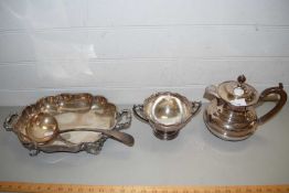 SILVER PLATED WARES COMPRISING SERVING DISH, SOUP LADLE, HOT WATER JUG AND SUGAR BASIN (4)