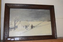 NAIVE STUDY, TWO FIGURES OUTSIDE A COUNTRY COTTAGE IN WINTER, OIL ON BOARD, INDISTINCTLY SIGNED