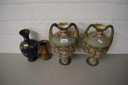 PAIR OF LATE 19TH/EARLY 20TH CENTURY JAPANESE DOUBLE HANDLED FLORAL DECORATED VASES TOGETHER WITH