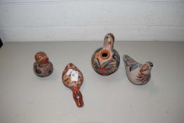 THREE MEXICAN POTTERY BIRDS AND SIMILAR DECORATED VESSEL