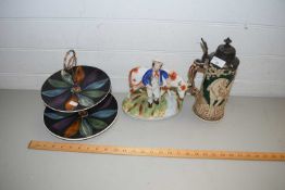 TWO-TIER CAKE PLATE, STAFFORDSHIRE FIGURE OF A MAN WITH A COW, AND A BEER STEIN (3)