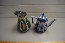 BLUE AND WHITE TEA POT TOGETHER WITH A FURTHER 19TH CENTURY PEWTER LIDDED JUG