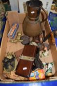 BOX VARIOUS MIXED ITEMS TO INCLUDE TIE PRESS, COPPER JUG, BRASS MODEL OWL ETC