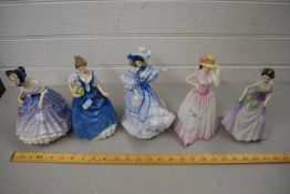 FIVE VARIOUS ROYAL DOULTON FIGURINES TO INCLUDE 'HAPPY BIRTHDAY', 'FLOWERS OF LOVE', 'HELEN' ETC