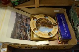 BOX OF VARIOUS PHOTOGRAPHIC PRINTS, DECORATED PLATES ETC