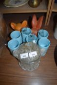 GLASS BISCUIT BARREL, VARIOUS MELAWARE DRINKING VESSELS, ORNAMENTS ETC