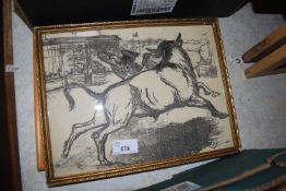 SMALL FRAMED STUDY OF BULLFIGHTING AND A NEEDLEWORK PICTURE AFTER LOWRY