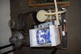 BOX OF MIXED ITEMS - OIL LAMP, KITCHEN SCALES ETC