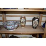 TWO MODERN ORIENTAL VASES AND A FURTHER REPRODUCTION CANTON BOWL (3)