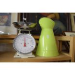 KITCHEN SCALES TOGETHER WITH A MODERN ENAMEL JUG (2)