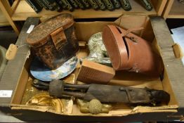 BOX OF VARIOUS MIXED ITEMS TO INCLUDE ETHNIC FIGURE, BINOCULAR CASES, ETC