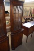 REPRODUCTION FLOOR STANDING MAHOGANY VENEERED CORNER CABINET WITH GLAZED TOP SECTION