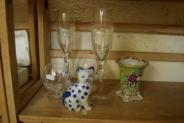 MIXED GLASS WARES, MODEL CAT AND A REPRODUCTION MEISSEN STYLE VASE