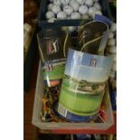 BOX OF GOLF TEES AND PGA TOUR HEAD COVERS