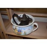 CHAMBER POT AND A SILVER PLATED HOT WATER JUG