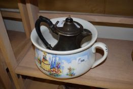 CHAMBER POT AND A SILVER PLATED HOT WATER JUG