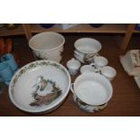 QUANTITY OF PORTMEIRION BIRDS OF BRITAIN BOWLS, JARDINIERE, TEA WARES ETC