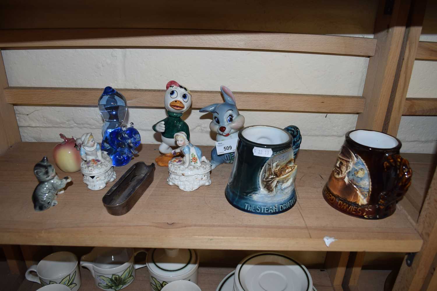 VARIOUS ORNAMENTS, YARMOUTH POTTERY MUGS ETC