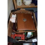 BOX OF MIXED ITEMS, SMALL LEATHER CASE, MOUTH ORGAN, VINTAGE RAZOR ETC