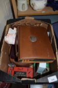 BOX OF MIXED ITEMS, SMALL LEATHER CASE, MOUTH ORGAN, VINTAGE RAZOR ETC