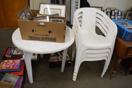 WHITE PLASTIC GARDEN TABLE AND FOUR CHAIRS