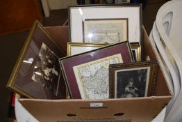 BOX OF MIXED PICTURES TO INCLUDE FRAMED MAP OF STAFFORDSHIRE, VARIOUS 19TH CENTURY ENGRAVINGS TO