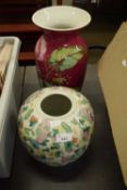 MODERN CHINESE GINGER JAR TOGETHER WITH A FURTHER PINK GLAZED VASE