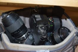 RICOH XR6 SLR CAMERA TOGETHER WITH A CANON T70 CAMERA, A PRAKTICA MTL5 CAMERA AND OTHER ITEMS