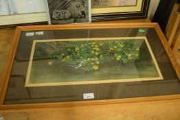 MICHAEL MOGG, 'WAGTAIL & KINGCUPS', GOUACHE, SIGNED 9x21ins