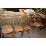 SET OF SIX VICTORIAN ELM SEATED STICK BACK KITCHEN CHAIRS
