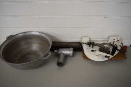 LARGE ALUMINIUM MIXING BOWL, HAND SLICE, VINTAGE MINCER AND A SHARPENING WHETSTONE