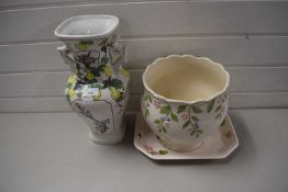 MODERN FLORAL DOUBLE HANDLED VASE, JARDINIERE AND A CERAMIC TRAY (3)