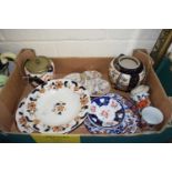 BOX OF MIXED CERAMICS TO INCLUDE HORS D'OEUVRES DISH, BISCUIT BARREL, ORIENTAL VASE ETC
