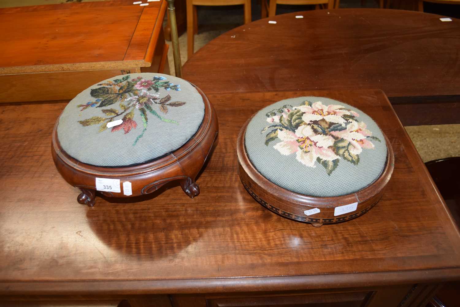 TWO SMALL VICTORIAN FOOT STOOLS, ONE WITH BEADWORK TOP, THE OTHER WITH FLORAL TAPESTRY TOP