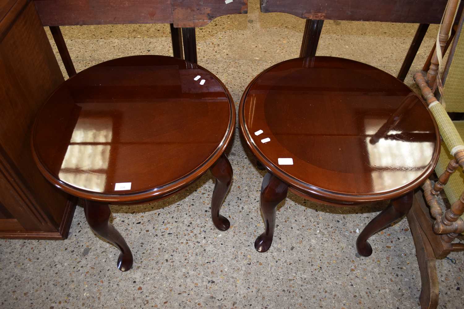 PAIR OF 20TH CENTURY CIRCULAR CABRIOLE LEGGED OCCASIONAL TABLES WITH HIGH GLOSS FINISH, 61CM WIDE