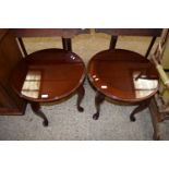 PAIR OF 20TH CENTURY CIRCULAR CABRIOLE LEGGED OCCASIONAL TABLES WITH HIGH GLOSS FINISH, 61CM WIDE