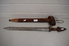 PRIMITIVE ETHNIC SHORT SWORD IN LEATHER SHEATH