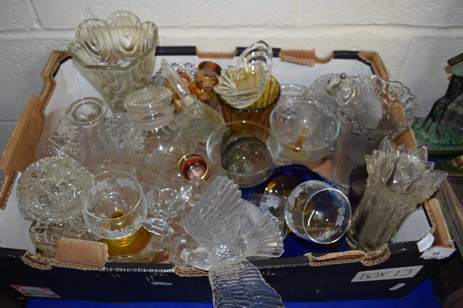 BOX OF VARIOUS DRINKING GLASSES, VASES ETC