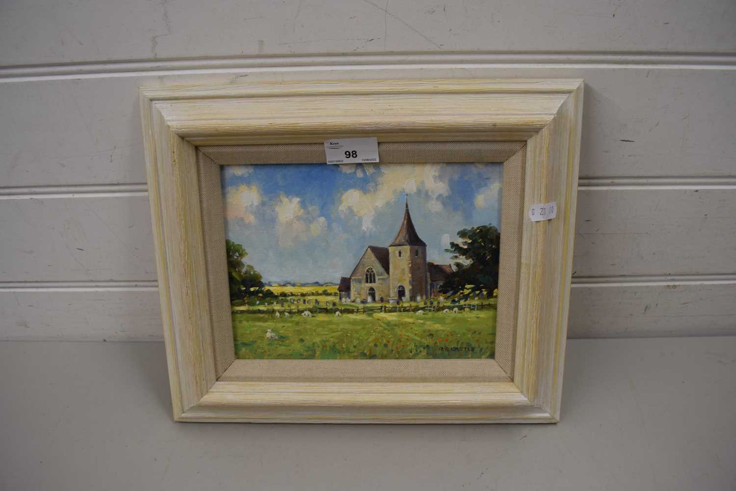 R CASTLE, STUDY OF ST CLEMENTS, OLD ROMNEY, OIL ON BOARD