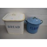 ENAMEL FLOUR BIN AND AN ENAMEL BREAD BIN