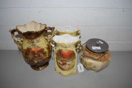 BISCUIT BARREL, PAIR OF VASES DECORATED WITH CATTLE AND ONE OTHER (4)